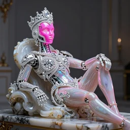 photo of fullbodied baroque and bladerunner delicate neon diamond sculpture of robot onyx albino marble prince kai harvatz dotado pink iridescent robotic mask psychedelic, reclining, glowing magenta face, crown of white diamonds, cinematic lighting, photorealistic, octane render 8 k depth of field 3 d