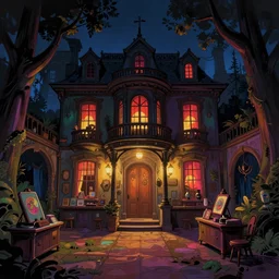 dark shop interior at night illustration in style of mansion of madness, vibrant colors, pen painted edges, colorfull, digital art, by John Pacer