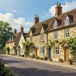 a street view of a british country village, artgerm, anime style, pixar and disney style, high quality, highly detailed, high coherence, path traced, beautiful, elegant, geometrically correct, realistic, digital painting, masterpiece, digital art, concept art