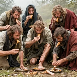 A group of disheveled Men scrambling to eat the holy foot