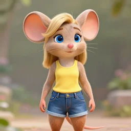 3 d render, portrait, mid shot, jasmine as a anthropomorphic mouse, female, blond fur, blue eyes, wearing denim short shorts, wearing a off yellow tank top shirt, solo, in the style of zootopia