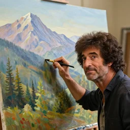 a closeup photorealistic photograph of bob ross adding the finishing touches on a canvas painting of kenny powers. mountains and trees. film still. brightly lit scene. this 4 k hd image is trending on artstation, featured on behance, well - rendered, extra crisp, features intricate detail, epic composition and the style of unreal engine.