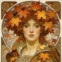 realistic detailed face portrait of a beautiful young medieval queen of autumn maple trees by Alphonse Mucha, Greg Hildebrandt, and Mark Brooks, Art Nouveau, spirals, Neo-Gothic, gothic, Art Nouveau