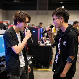 a stereotypical nerd rap battles a stereotypical gamer geek at a convention, hd, standoff