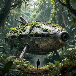 a huge abandoned alien spaceship overgrown with vines in a jungle. a silhouette of an explorer who just discovered it is in the foreground. mysterious, bioluminescent, sense of awe. poster art by james jean and victor mosquera, flat shading, detailed award winning art, trending on behance.