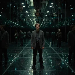 a man in a dark infinite mirror room, by wally pfister, by emmanuel lubezki, stunning striking still frame from a movie, 4 k