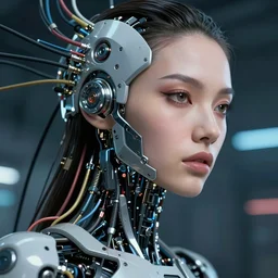 beauty Blade Runner woman, futuristic mechanical, cyberpunk, lots of cables and wiring, electrical details, trending on artstation, by Hajime Sorayama and Boris Vallejo