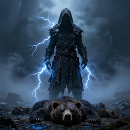 character design, dark druid, tattered hood, bear rug, blue lightning, blue mist, fog, scary, photorealistic, cinematic, hyper realistic, octane render, 8 k, wide angle