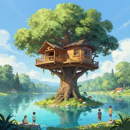 A beautiful digital painting of an enormous treehouse, crystal lake by Stanley Artgerm Lau,  Rossdraws, James Jean, gerald brom, Andrei Riabovitchev, Marc Simonetti, and Sakimichan, trending on artstation