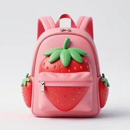 a backpack in strawberry fruit shape, digital art, artgem, octane render, artstation, hasselblad photo, 4 k resolution, fashion design, product photo, symmetrical, 5 0 mm