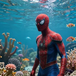 spider - man under the water looking at different aquatic species, 4 k realistic photo