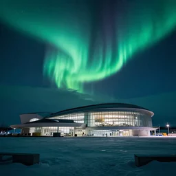 modern research facility in the arctic at night, northern lights, aurora borealis, dramatic lighting, cinematic, establishing shot, extremely high detail, photo realistic, cinematic lighting, post processed, concept art, artstation, matte painting, style by eddie mendoza, raphael lacoste, alex ross