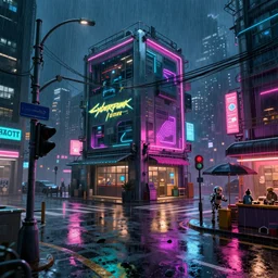cyberpunk box city. street view. night. raining. neon. puddles on street. road signs. traffic lights. cables. advertisements. stalls. umbrella. robot.