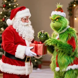 santa giving a present to the grinch and the grinch smiling and giving santa a grenade