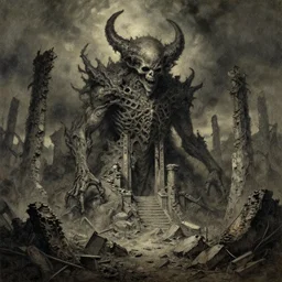 ruins in hell, oil painting by tomasz jedruszek, cinematic lighting, pen and ink, intricate line, hd, 4 k, million of likes, trending on artstation