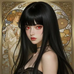 a beautiful japanese girl with long black hair and bangs, red eyes, fantasy, portrait, sharp focus, intricate, elegant, digital painting, artstation, matte, highly detailed, concept art, illustration, ambient lighting, art by ilya kuvshinov, artgerm, Alphonse mucha, and Greg Rutkowski