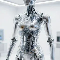 highly detailed chromium cybernetic endoskeleton in a white room : : transparent shell made of glass : : upper body closeup