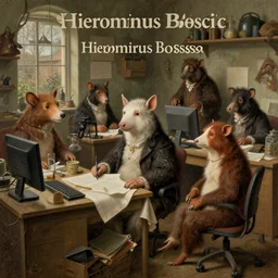 anthropomorphic animals working in a cluttered office space by hieronymus bosch, ultra detailed, highly detailed, 8 k, trending on artstation, award - winning art,