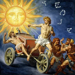 Ripped Physique Tragic Portrait of Phaethon the Roman Demigod Son of Helios losing control of the reins of the chariot chariot that is the sun careening through the zodiac filled stratosphere. norman rockwell guillem h. poniluppi howard pyle Ilya Repin Michelangelo Buonarotti Leonardo Da Vinci rodin greg rutkowski james gurney. tombow masterpiece fresco watercolor grisaille Trompe-lœil