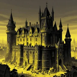 A digital concept art painting of a black and yellow renacentis fantasy european ghotic castle with black brick in a city renacentis, 4K UHD image, unreal engine, Graphic Novel, Visual Novel