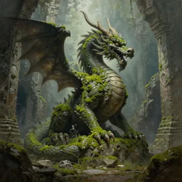 a statue of a dragon owergrown with moss in an ancient temple ruin, fantasy, oil painting, trending on artstation, artstationHD, artstationHQ, unreal engine, 8k