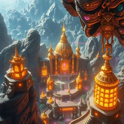 lush utopian civilization, highly detailed temples made of gemstones and gold, gold relics, digital painting, artstation, lasers and neon circuits, sharp focus, illustration, 8 k, highly detailed, aerial view