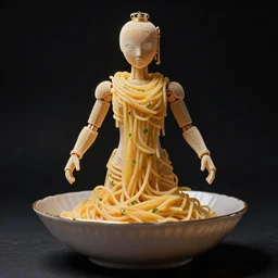portrait shot of a humanoid bowl of spaghetti, intricate details and dramatic lighting