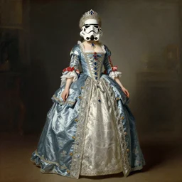 a beautiful full body portrait of a young and beautiful stormtrooper in a lavish court dress, art by franz xaver winterhalter, highly detailed, elegant, jewlery, romanticism, rococo, neoclassicism, 1 8 5 0 s style painting, oil on canvas, vivid