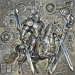 epic war commander with futuristic helmet holding two gigantic sword and riding a standing horse. highly detailed, digital painting, concept art, smooth, sharp focus, illustration, art by greg rutkowski