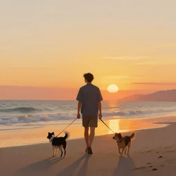 man walking his dog at the beach at sunset, digital painting