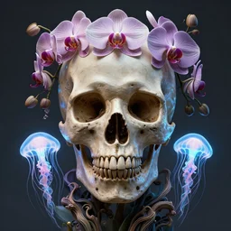 portrait of skull and orchids, bio luminescent jellyfish, intricate artwork by Tooth Wu and wlop and beeple. octane render, trending on artstation, greg rutkowski very coherent symmetrical artwork. cinematic, hyper realism, high detail, octane render, 8k