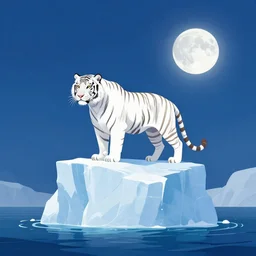 a illustration white tiger standing on the top of a iceberg, an ocean, an moon, sacried, peaceful, elegent, high quality, tones of blue, by levente szabo