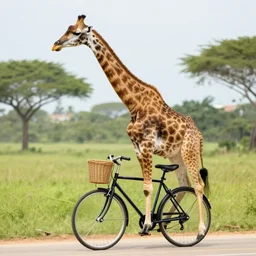 a nature photo of a giraffe riding a bicycle