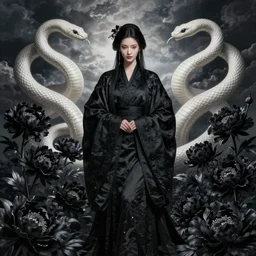 beautiful oriental woman, symmetrical portrait, realistic, full body, black peonies, white snakes wrapped around the sky, rich details, by wlop