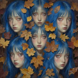 breathtaking detailed concept art painting pattern of blue hair faces goddesses amalgamation autumn leaves with anxious piercing eyes, by hsiao - ron cheng and james jean, bizarre compositions, exquisite detail, extremely moody lighting, 8 k