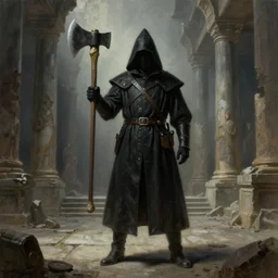 a hyperdetailed painting of a dark executioner wielding a huge axe standing in the middle of an ancient ruined temple, by beksinski, ruan jia, trending in artstation