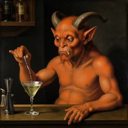 a renaissance painting of an orange horned goblin serving cocktail drinks at a bar, by Sandro Botticelli