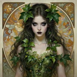 a beautiful painting a goth girl dressed as a teenage poison ivy, dark eyeliner, intricate, elegant, highly detailed, digital painting, artstation, concept art, matte, sharp focus, illustration, art by rebecca guay and by arthur rackham and by alphonse mucha and by john william waterhouse