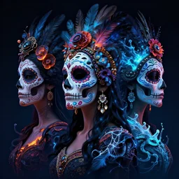 3 d mexican goddess profile portrait. beautiful intricate highly detailed day of the dead mask and feathers. low - key lighting, bioluminescent, plasma, lava, ice, water, wind, creature, tlahuelpuchi, artwork by tooth wu and wlop and beeple and greg rutkowski, 8 k trending on artstation,