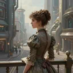 portrait of a victorian lady in a futuristic city, from behind, streets, beautiful, highly detailed, solarpunk, digital painting