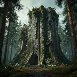 a gothic scifi wall sctructure in a boreal forest, unreal engine 5, cinematic, octane render, artstationhq