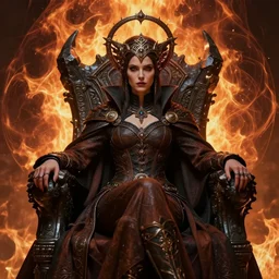 dark evil steampunk pyromancer woman, beautiful facial features, ornamental halo, black shirt, brown body, coat, intricate robes, sitting on obsidian throne, fractal fire background, sharp focus, highly detailed, cinematic lighting, studio quality, smooth render, unreal engine 5 rendered, octane, rendered, by artgerm, greg rutkowski, alphonse mucha