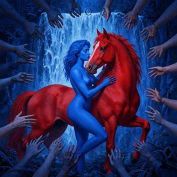 only with blue, ney motogrosso in love with a red stallion, too many hands in all directions, in hoc signo vinces, waterfall, in the style of leonora carrington, gottfried helnwein, intricate composition, blue light by caravaggio, insanely quality, highly detailed, masterpiece, red light, artstation