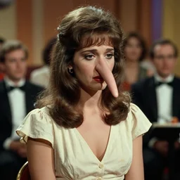 1983 sad woman on a talk show show with a long prosthetic snout nose, big nostrils, wearing a dress, 1983 French film color archival footage color film 16mm Fellini Almodovar John Waters Russ Meyer movie still