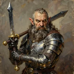 A dwarven warrior holding his weapon backwards while crockeyed with a furrowed brow, oil painting, portrait, d&d, armored