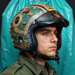 hyperrealistic detailed portrait of a military fighter pilot in ornate motorcycle dirt helmet in a helmet background turquoise plastic bag, circuitboard,, rich deep colors, ultra detail, by francis bacon, james ginn, petra courtright, jenny saville, gerhard richter, zdzisaw beksinsk, takato yamamoto. masterpiece, elegant fashion studio ighting 3 5 mm