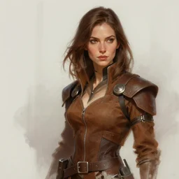 a painting of a woman in a brown outfit, shoulder length brown hair, a character portrait by mandy jurgens, cgsociety contest winner, fantasy art, speedpainting, artstation hd, digital painting