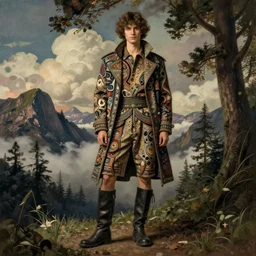 cloth fabric jodhpurs knee high boots travel coat fashion, solo hiking in mountains trees, clouds, greg manchess painting by sargent and leyendecker, studio ghibli, fantasy, asymmetrical, intricate, elegant, matte painting, illustration, hearthstone, by greg rutkowski, by greg tocchini, by james gilleard, by joe fenton