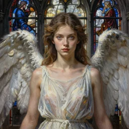 breathtaking detailed soft painting of a sensual angel in gauze dress, with long hair and piercing eyes, in a moody medieval stained glass window, symmetrical realistic facial features, rembrandt style, elegant, highly detailed, artstation, concept art, matte, sharp focus, art by tom bagshaw, kelogsloops and greg rutkowski