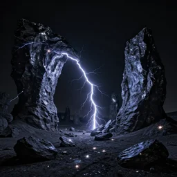 metallic black rock desert with electrical discharges, arches transmitting between the different rocks, sparkles in the ground, moonless black sky, cinematic, high quality, 1 6 k, breathtaking, fantasy digital art, in the style of ted nasmith and beksinski - n 9